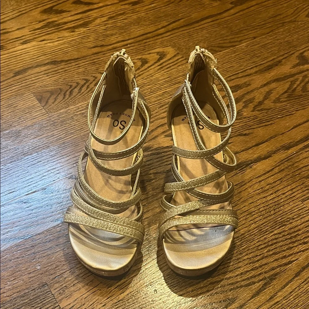 Kids SO Gold Strappy Cork Wedge Dress Shoes
